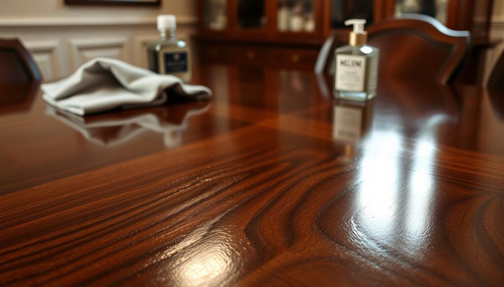 A close-up view of a beautifully polished dark walnut surface, showcasing a vivid sheen that highlights the rich, deep brown hues and intricate grain patterns. In the foreground, a polished wooden dining table reflects light, revealing a mirror-like finish that enhances its natural beauty. The middle ground features an elegant furniture polishing cloth and a bottle of high-quality polish, hinting at the process of enhancing the wood's glow. In the background, soft, diffused lighting casts a warm atmosphere, creating inviting shadows that emphasize the texture of the wood. The overall mood is one of refinement and care, reflecting the importance of polishing in maintaining the elegance of dark walnut and mahogany surfaces. A close-up view of a beautifully polished dark walnut surface, showcasing a vivid sheen that highlights the rich, deep brown hues and intricate grain patterns. In the foreground, a polished wooden dining table reflects light, revealing a mirror-like finish that enhances its natural beauty. The middle ground features an elegant furniture polishing cloth and a bottle of high-quality polish, hinting at the process of enhancing the wood's glow. In the background, soft, diffused lighting casts a warm atmosphere, creating inviting shadows that emphasize the texture of the wood. The overall mood is one of refinement and care, reflecting the importance of polishing in maintaining the elegance of dark walnut and mahogany surfaces.