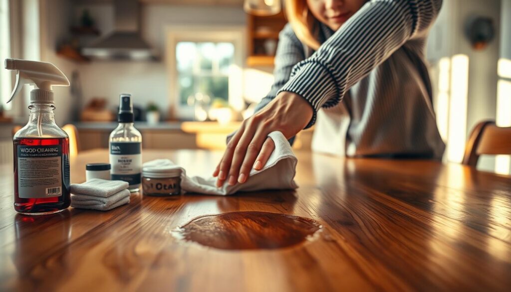 A close-up view of a beautifully polished wooden tabletop, showing an ink stain that is being assessed for removal. In the foreground, a set of professional cleaning supplies, including a small spray bottle, microfiber cloth, and wood conditioner, are carefully arranged. The middle ground features a hand in a modest casual outfit gently testing the ink stain with a cloth, showcasing a focused expression. The background softly blurs into a cozy, well-lit kitchen environment, with warm sunlight filtering through a window, creating a tranquil and inviting atmosphere. The image captures a sense of careful preparation and an emphasis on preserving the wood finish while dealing with the stain.