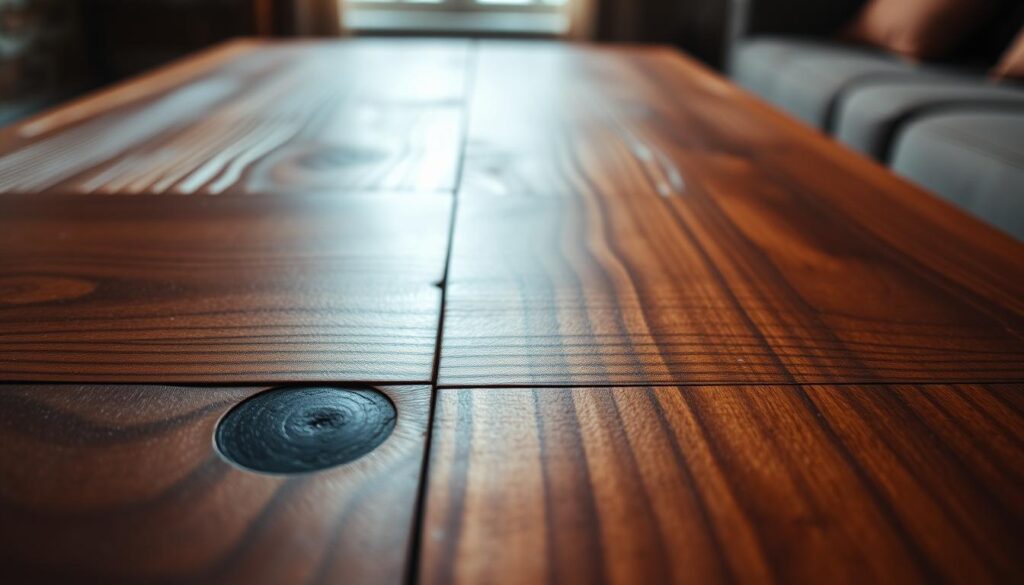 A close-up view of a beautifully textured wooden surface showcasing rich, natural grains and deep color variations, conveying an inviting warmth. The foreground features a small, unmarked section of the wood finish that seems dull and worn, hinting at the effects of furniture polish. In the middle ground, soft light gently illuminates the surface, creating subtle highlights that emphasize the wood's intricate patterns. In the background, faint shadows suggest a cozy, rustic setting, perhaps with hints of furniture in soft focus to create a serene atmosphere. The overall mood is contemplative, evoking a sense of care and concern for maintaining the beauty of wood. The image should capture the contrast between the healthy wood luster and the worn section clearly, no text or branding present.