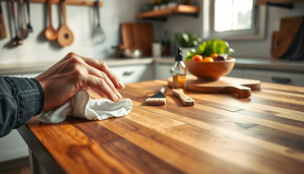 A close-up view of a butcher block countertop in a well-lit kitchen, showcasing its rich, natural wood grain textures. In the foreground, a hand is gently applying mineral oil to the surface using a soft cloth, emphasizing safe maintenance techniques. In the middle, there are neatly arranged tools for countertop care, including a bottle of food-safe mineral oil, a small brush, and a cutting board. The background features softly blurred kitchen elements like hanging utensils and a bowl of fresh vegetables, creating a warm, inviting atmosphere. The lighting is soft and natural, highlighting the countertop's luster and creating a zen-like ambience focused on craftsmanship and care.