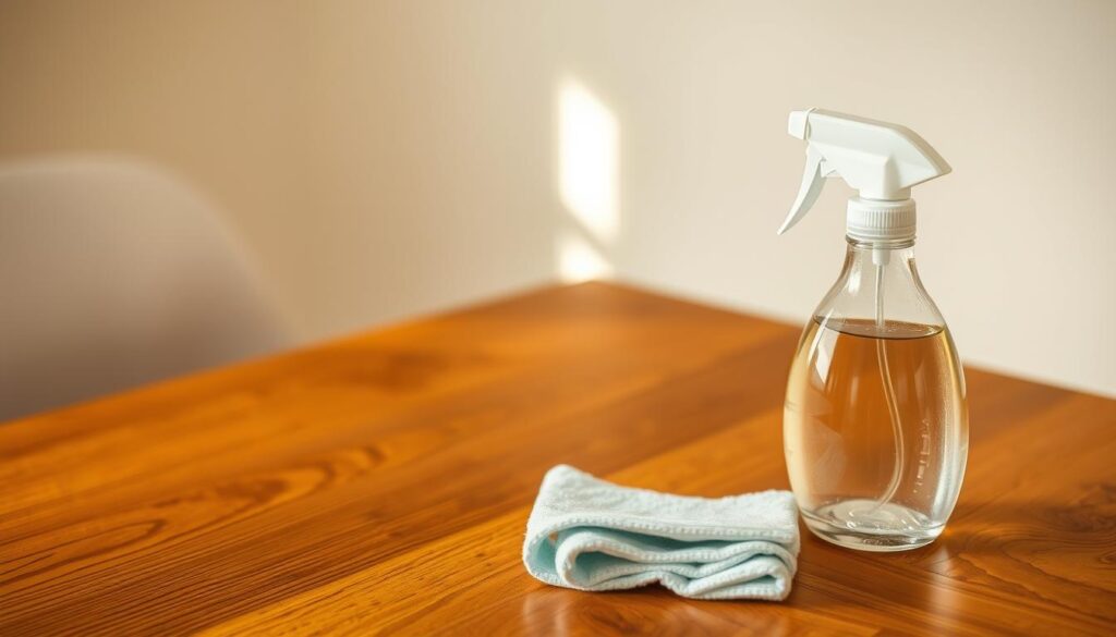 A close-up view of a clean, polished wood furniture surface, showcasing its rich grain and warm tones, set against a softly lit, neutral backdrop. In the foreground, a few essential cleaning supplies are neatly arranged: a bottle of sanitizer, soft cloth, and a spray nozzle, all reflecting a sense of hygiene and care. The middle ground highlights the furniture itself, emphasizing its fine details and texture, while the background remains blurred and unobtrusive, enhancing focus on the furniture. The lighting is warm and inviting, creating an atmosphere of cleanliness and warmth, symbolizing the importance of sanitizing wood furniture during flu and cold season. The angle is slightly overhead to capture both the surface details and the cleaning supplies effectively. A close-up view of a clean, polished wood furniture surface, showcasing its rich grain and warm tones, set against a softly lit, neutral backdrop. In the foreground, a few essential cleaning supplies are neatly arranged: a bottle of sanitizer, soft cloth, and a spray nozzle, all reflecting a sense of hygiene and care. The middle ground highlights the furniture itself, emphasizing its fine details and texture, while the background remains blurred and unobtrusive, enhancing focus on the furniture. The lighting is warm and inviting, creating an atmosphere of cleanliness and warmth, symbolizing the importance of sanitizing wood furniture during flu and cold season. The angle is slightly overhead to capture both the surface details and the cleaning supplies effectively.