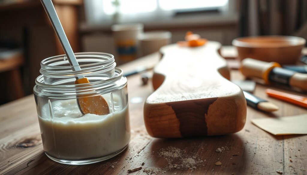 A close-up view of a container of epoxy resin wood filler, elegantly placed on a wooden workbench. The foreground showcases the glossy, vibrant resin in a transparent jar, with a small spatula partially submerged in the filler, reflecting light. In the middle ground, focus on a piece of chewed wooden furniture leg, revealing irregular textures and shades where the damage occurred. Nearby, tools for repair like sandpaper and a paintbrush are scattered, hinting at an active workspace. The background hints at soft, natural light filtering through a nearby window, creating a warm and inviting atmosphere, emphasizing the theme of restoration and craftsmanship. The overall mood conveys a sense of productivity and skill in furniture repair.