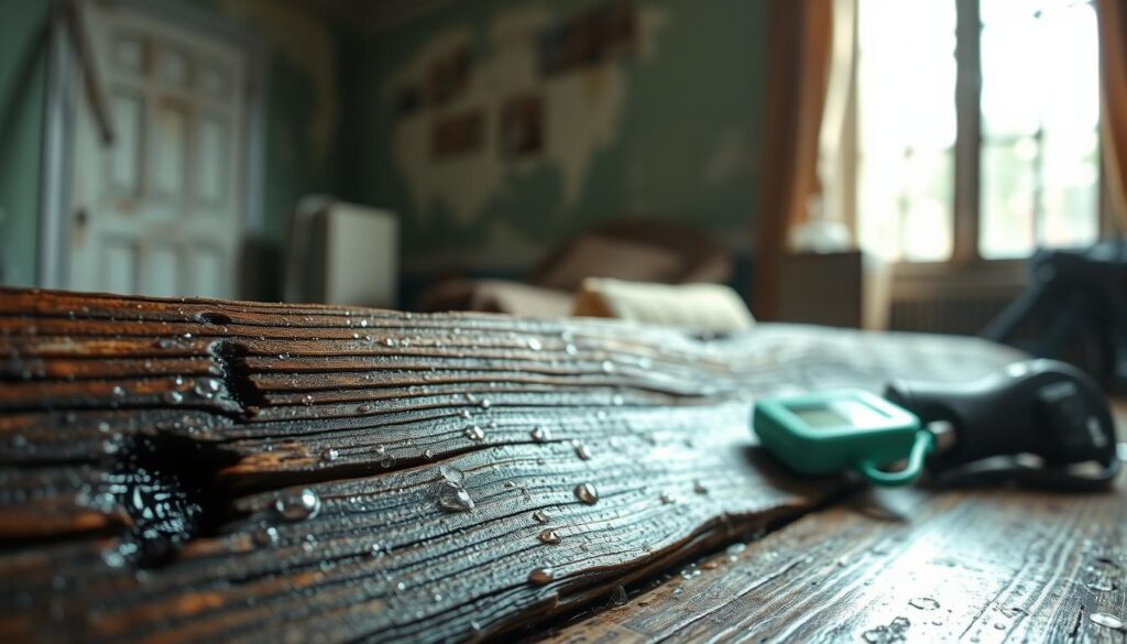 A close-up view of a damp wooden surface showing signs of rot, with moisture visibly seeping from cracks. In the foreground, a glistening, darkened area of wood highlights the damage, surrounded by small droplets of water. The middle ground features tools like a moisture meter and a small dehumidifier, indicating an attempt to measure and eliminate the source of moisture. The background includes a blurred interior of an old, poorly ventilated room with peeling paint and humidity stains, illustrating the environment that fosters wood rot. Soft, natural lighting filters through a nearby window, casting gentle shadows that enhance the texture of the wood. The atmosphere is one of urgency and concern, visually representing the importance of identifying moisture sources before commencing repair work. A close-up view of a damp wooden surface showing signs of rot, with moisture visibly seeping from cracks. In the foreground, a glistening, darkened area of wood highlights the damage, surrounded by small droplets of water. The middle ground features tools like a moisture meter and a small dehumidifier, indicating an attempt to measure and eliminate the source of moisture. The background includes a blurred interior of an old, poorly ventilated room with peeling paint and humidity stains, illustrating the environment that fosters wood rot. Soft, natural lighting filters through a nearby window, casting gentle shadows that enhance the texture of the wood. The atmosphere is one of urgency and concern, visually representing the importance of identifying moisture sources before commencing repair work.