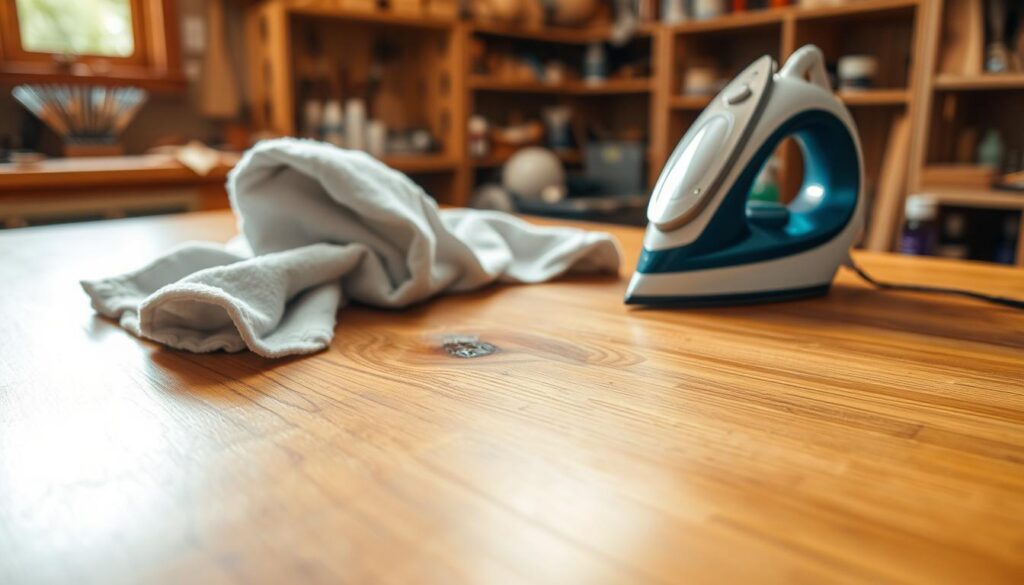 A close-up view of a dented area on a polished solid wood surface, showcasing a noticeable indentation surrounded by pristine grain patterns. The foreground features a soft, slightly crinkled towel draped over the dent, preparing for steaming, while a small iron sits nearby, emphasizing the 'Iron and Towel Trick' technique. The middle ground captures warm, diffused natural light streaming from a well-lit window, creating gentle highlights and shadows on the wood's texture. In the background, slightly blurred, shelves lined with wooden tools and care products suggest a workshop ambiance. The image conveys a calm, focused atmosphere, ideal for demonstrating the process of restoring the wood’s finish.