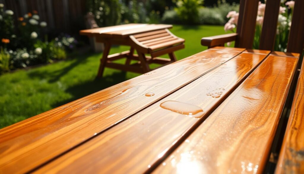 A close-up view of a freshly applied layer of clear sealant on a smooth wooden surface of outdoor furniture. The foreground showcases the glossy, wet appearance of the sealant, reflecting sunlight. The midground features a well-crafted wooden table with intricate details, showing the grain and texture of the wood. In the background, a serene garden setting with soft green grass and blooming flowers creates a tranquil atmosphere. Natural sunlight casts gentle shadows, enhancing the depth of the image. The colors are warm and inviting, evoking a sense of care and maintenance. The scene captures the essence of preserving outdoor wood furniture, emphasizing the importance of sealant application.