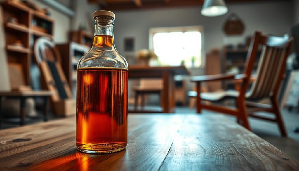 A close-up view of a glass bottle of linseed oil resting on a wooden surface, showcasing the rich amber hue of the oil. In the foreground, the bottle is illuminated by warm, soft lighting to highlight its texture and transparency, creating an inviting atmosphere. Surrounding the bottle, several polished wooden furniture pieces, such as a sleek table and a beautifully crafted chair, subtly fade into focus in the middle ground, conveying the application of linseed oil on wood. The background features a softly blurred workshop setting with natural light streaming through a window, enhancing the sense of safety and craftsmanship. The overall mood is serene and professional, emphasizing the benefits of linseed oil as a wood finish.