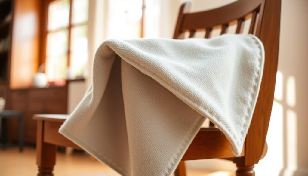A close-up view of a high-quality paint protection cloth draped over a beautifully painted wooden chair, showcasing its texture and durability. The cloth is neatly folded, revealing its soft, plush surface, designed to shield the paint from dust and scratches during cleaning. The background features a softly lit room with warm, natural light streaming through a window, highlighting the rich color of the wood and the sheen of the paint. An angle that emphasizes the contrast between the cloth and the furniture, creating a serene and informative atmosphere. Use a shallow depth of field to blur the background slightly, focusing attention on the protection cloth while maintaining an inviting and clean ambiance. A close-up view of a high-quality paint protection cloth draped over a beautifully painted wooden chair, showcasing its texture and durability. The cloth is neatly folded, revealing its soft, plush surface, designed to shield the paint from dust and scratches during cleaning. The background features a softly lit room with warm, natural light streaming through a window, highlighting the rich color of the wood and the sheen of the paint. An angle that emphasizes the contrast between the cloth and the furniture, creating a serene and informative atmosphere. Use a shallow depth of field to blur the background slightly, focusing attention on the protection cloth while maintaining an inviting and clean ambiance.