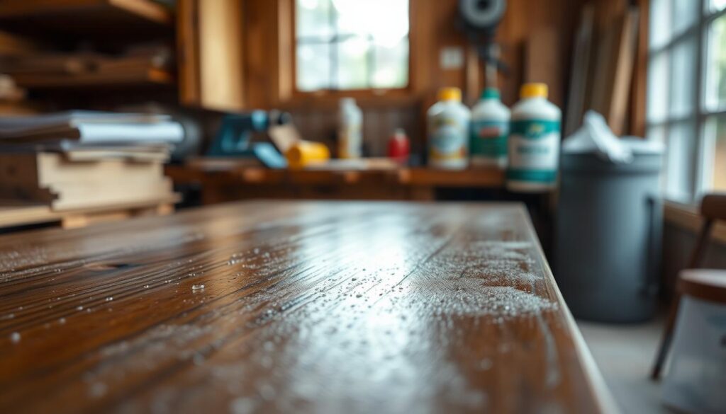 A close-up view of a piece of wooden furniture displaying a subtle white haze, indicative of moisture damage on its finish. In the foreground, focus on the intricate details of the wood grain, with water droplets clinging lightly to the surface. The middle ground should fade into a slightly blurred representation of a workshop setting, illuminated by soft, diffuse natural lighting, enhancing the clarity of the haze without overwhelming the scene. In the background, tools of wood repair, such as sandpaper and wood conditioner bottles, hint at restoration efforts. The overall atmosphere should convey a sense of calm and reflection, emphasizing the natural beauty of the wood despite the moisture haze, and the dignity of the repair process.