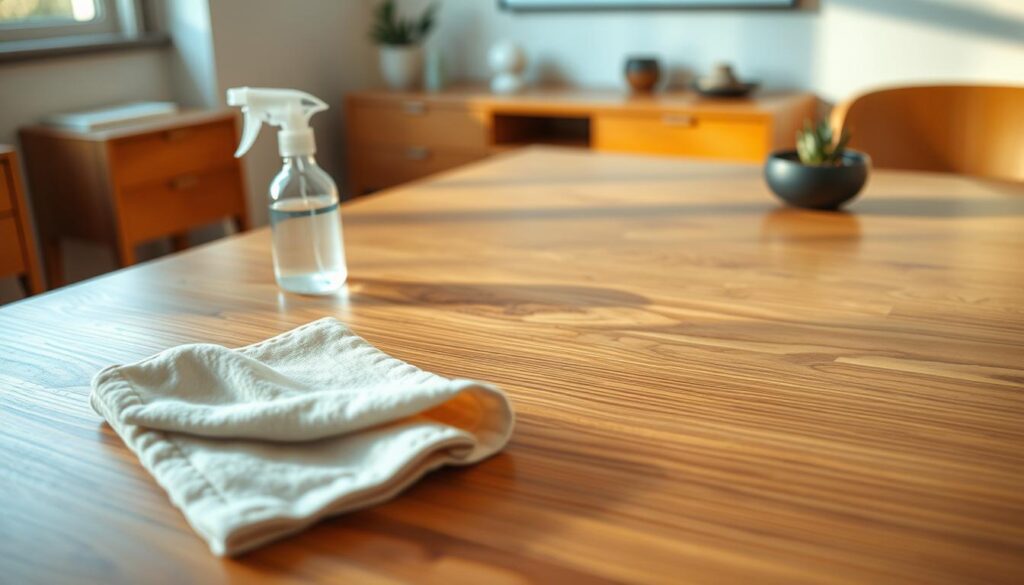 A close-up view of a polished wood veneer surface, highlighting its intricate grain patterns and warm hues. The image should feature gentle lighting that accentuates the texture and sheen of the veneer, creating a subtle, inviting atmosphere. In the foreground, a soft cloth is placed, suggesting the act of cleaning. The middle ground should include a small spray bottle and a gentle cleaner, positioned neatly beside the cloth, emphasizing the theme of maintenance. The background should be softly blurred, showcasing the hint of a beautifully designed room with wooden furniture, creating a sophisticated and serene setting. Aim for an overall mood of cleanliness and care in wood veneer, with an emphasis on detail and usability.