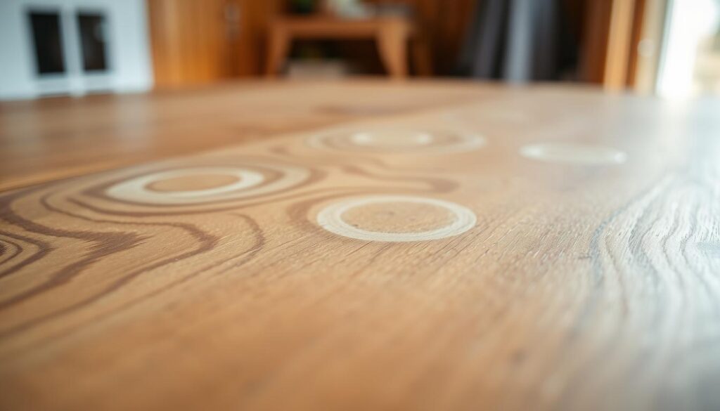 A close-up view of a polished wooden surface exhibiting distinct white water rings, showcasing varying patterns and depths. The foreground highlights the intricate wood grain details, with soft reflections of light enhancing the texture. Subtle variations in color emphasize the difference between the unblemished areas and the affected spots. In the middle ground, soft focus captures the rings' shapes, suggesting moisture trapped within the wood's surface. The background remains blurred, suggesting a cozy interior environment with warm, natural lighting. The overall mood is of tranquility and introspection, encouraging a viewer to ponder the nature of wood care. Employ a shallow depth of field to draw attention to the rings, creating a serene and informative atmosphere.