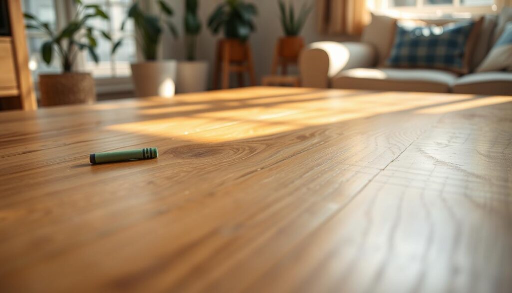 A close-up view of a polished wooden surface, showcasing the rich, warm tones and unique grain patterns of polished oak. In the foreground, subtle crayon marks in a variety of colors linger on the surface, hinting at the need for careful cleaning. The middle ground reveals a gentle reflection of light from a nearby window, creating a soft glow that enhances the texture of the wood. In the background, a cozy, well-lit room adds to the inviting atmosphere, with plants and soft furnishings subtly blurred. The overall mood is one of warmth and calm, emphasizing both the beauty of the wood and the importance of preserving its integrity during the cleaning process. The image is captured with a shallow depth of field, focusing intently on the wooden surface while softly blurring the background elements.