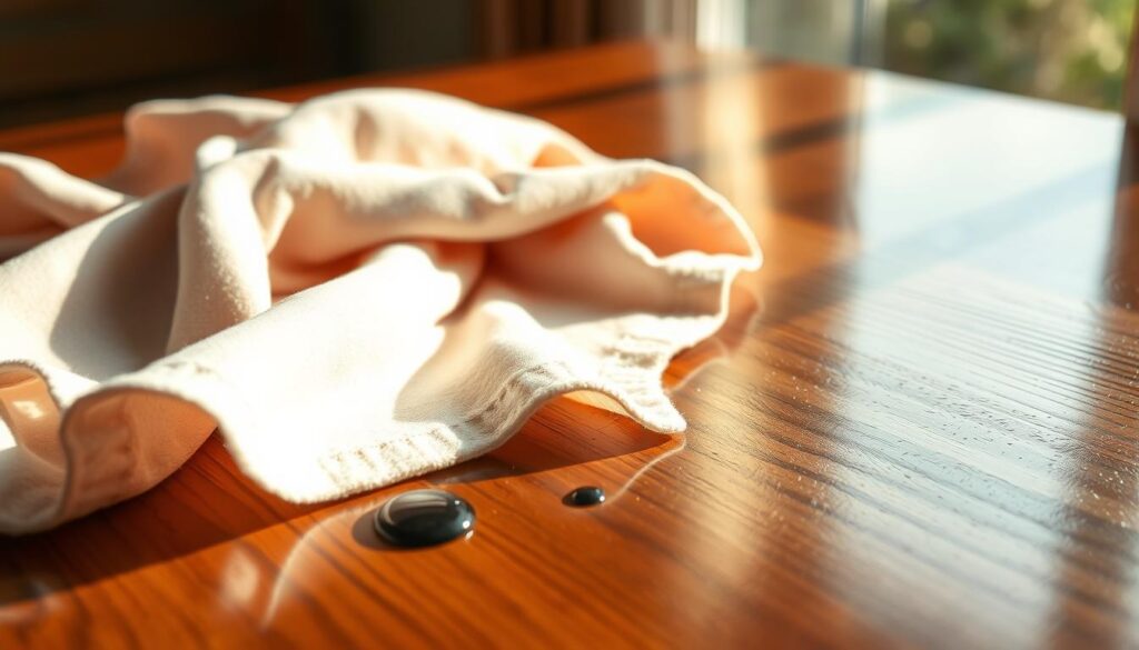 A close-up view of a soft, absorbent cloth draped elegantly over a polished wooden tabletop, showcasing its texture and fibers. The cloth is in a calming pastel color, suggesting a gentle touch, while a few droplets of fresh ink on the wood surface nearby hint at an immediate cleaning task. The sunlight filters through a nearby window, casting a warm glow that highlights the reflections on the wood and the softness of the cloth. The scene is framed from a slight angle, emphasizing the depth of the wood grain and the delicate folds of the fabric. The overall mood is serene and focused, embodying a sense of urgency to tackle the ink stain while maintaining a clean and inviting atmosphere.