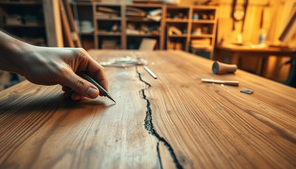 A close-up view of a solid wood tabletop with a prominent large crack, showcasing detailed wood grain textures and colors. In the foreground, a carpenter’s hand gently probes the crack with a small tool, assessing its size and depth. In the middle, the crack is visibly irregular, revealing its location near the edge of the table, surrounded by scattered wood shavings and tools, like sandpaper and wood filler. The background is softly blurred, featuring a warm, well-lit workshop, with shelves stocked with woodworking supplies. The lighting is warm and inviting, casting gentle shadows that emphasize the craftsmanship of the wood. The atmosphere conveys a focused, hands-on approach, highlighting the importance of diagnosing the crack before repairs begin.
