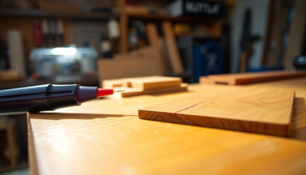 A close-up view of a vibrant touch paint pen resting on a wooden surface, showcasing its sleek design and rich color. The foreground highlights the pen, emphasizing its fine tip and glossy body. In the middle ground, there is a sample of wood with a slight scratch, illustrating where the pen can be used for touch-ups. The background displays a softly blurred workshop environment with tools and wood samples, creating an atmosphere of craftsmanship and repair. Natural light filters in, casting gentle shadows that enhance the textures of the wood and the pen. The mood is practical and inviting, reflecting a sense of DIY creativity and restoration.