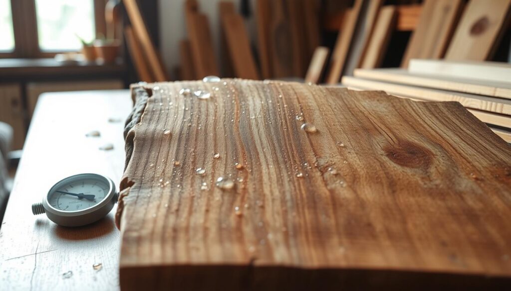 A close-up view of a warped wood board displaying various moisture levels, with visible water droplets on the surface, highlighting the tension and texture of the wood. In the foreground, a humidity gauge sits beside the board, providing a visual context for moisture measurement. The middle ground features a subtle contrast between dry and damp sections of the wood, emphasizing the effects of moisture on wood warping. In the background, a softly lit workshop with wooden tools and planks creates a cozy, atmospheric setting, hinting at DIY projects. Natural light streams through a nearby window, casting gentle shadows, adding warmth and a realistic feel to the scene. The overall mood is insightful and educational, inviting readers to explore the intricacies of wood moisture.