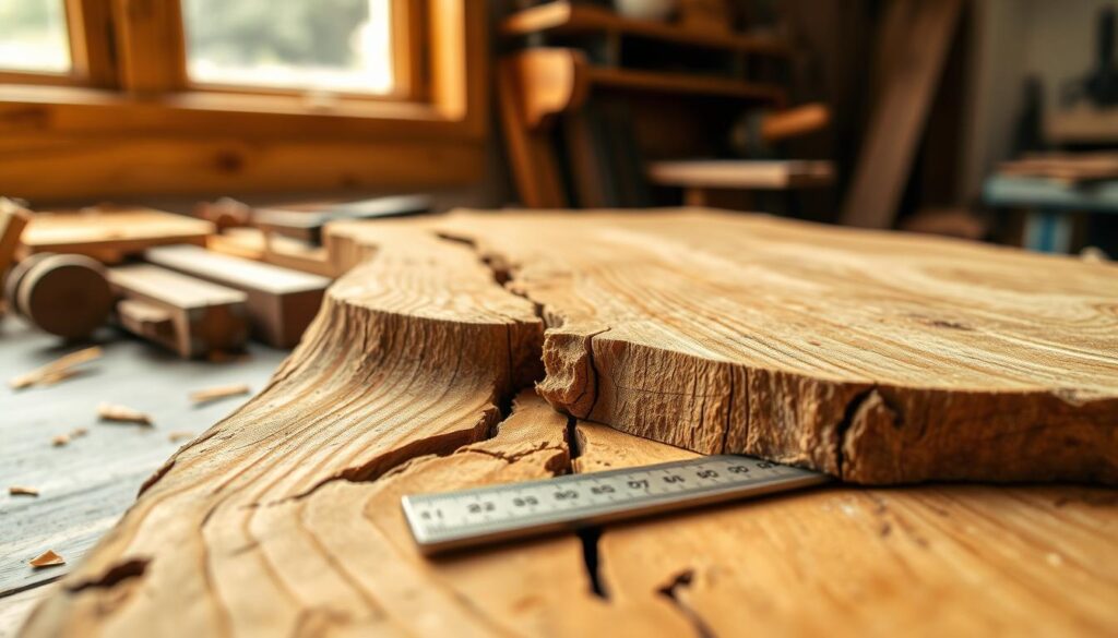 A close-up view of a warped wooden board, showcasing its intricate textures and irregular contours. The foreground highlights the severe bowing in the wood, with visible cracks and splinters indicating tension. In the middle ground, a ruler and a straight edge are placed alongside the board, symbolizing the process of diagnosing the warp. The background features a softly blurred workshop setting, with tools and wood shavings creating an inviting, artisan atmosphere. The lighting is warm and diffused, emanating from a nearby window, casting gentle shadows that enhance the wood's grain. The overall mood conveys a sense of craftsmanship and attention to detail, urging viewers to understand the complexities of handling warped wood.