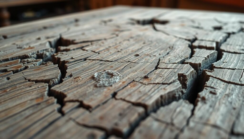 A close-up view of a weathered wood surface showcasing significant damage, featuring deep cracks, splintering, and discoloration indicative of heat and dry air effects. The foreground highlights the intricate textures of the wood grain, contrasting the lighter areas with darker, more aged sections. In the middle ground, subtle reflections of light catch the uneven surface, emphasizing the wear and tear. The background should be softly blurred, perhaps resembling a room environment, suggesting warmth and dryness without specific details. Soft, diffused lighting creates an inviting yet somber atmosphere, evoking a sense of history and fragility in the wood's deterioration. The overall composition conveys the vulnerability of heirloom wood pieces over time. A close-up view of a weathered wood surface showcasing significant damage, featuring deep cracks, splintering, and discoloration indicative of heat and dry air effects. The foreground highlights the intricate textures of the wood grain, contrasting the lighter areas with darker, more aged sections. In the middle ground, subtle reflections of light catch the uneven surface, emphasizing the wear and tear. The background should be softly blurred, perhaps resembling a room environment, suggesting warmth and dryness without specific details. Soft, diffused lighting creates an inviting yet somber atmosphere, evoking a sense of history and fragility in the wood's deterioration. The overall composition conveys the vulnerability of heirloom wood pieces over time.
