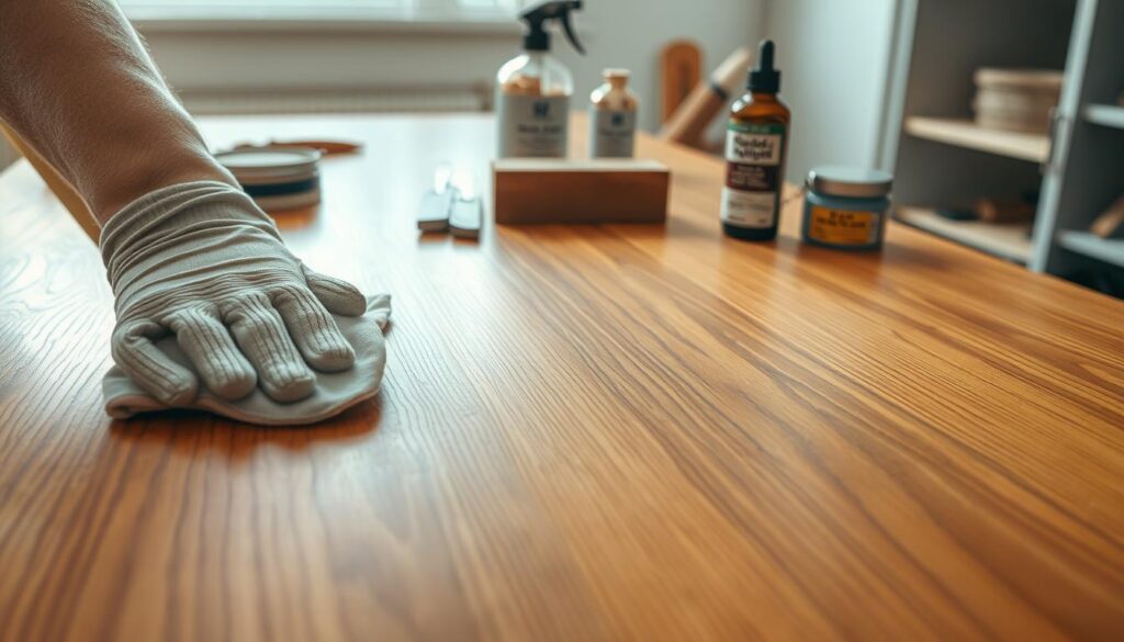 A close-up view of a well-lit wooden surface being prepared for restoration, showcasing a rich, warm wood grain. In the foreground, a pair of hands wearing modest gloves gently wipe the surface with a soft cloth, emphasizing a careful and deliberate technique. The middle layer features an array of tools arranged neatly: a sanding block, a bottle of wood conditioner, and a small jar of polish, reflecting meticulous organization. The background highlights a clean and organized workspace, with soft natural light filtering in from a nearby window, creating a calm and focused atmosphere. The overall scene conveys professionalism and attention to detail, illustrating the importance of proper wood surface preparation before treatment.