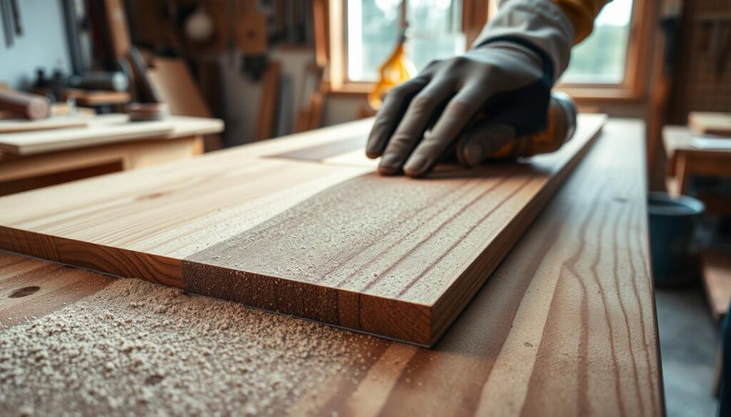 A close-up view of a wood sanding panel resting on a workbench, showcasing fine, gritty sandpaper texture. In the foreground, a hand wearing a safety glove is actively sandpapering the surface, demonstrating proper technique. The midground reveals a seamless wood surface with a beautifully finished grain pattern, emphasizing meticulous workmanship. Soft natural light filters in from a nearby window, casting gentle shadows that highlight the contours of the wood. The background is filled with various woodworking tools neatly organized, enhancing the craftsmanship atmosphere. The overall mood is focused and professional, capturing the essence of careful preparation for achieving a flawless finish.