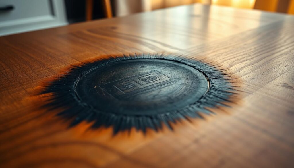 A close-up view of a wood tabletop marred by cigarette burns, prominently featuring a dark, charred circular mark on the surface. The foreground highlights the texture of the wood grains around the burn area, illustrating the contrast between the scorched surface and the surrounding natural finish. In the middle, a slightly worn but elegant wood grain pattern is visible, showcasing the richness of the material, with soft shadows that suggest warmth and depth. The background remains blurred, evoking a cozy indoor setting with warm lighting that casts gentle highlights on the tabletop. The overall mood is reflective and focused, creating a sense of careful assessment for repair work. The lighting is soft and natural, emphasizing the imperfections while maintaining an inviting atmosphere.