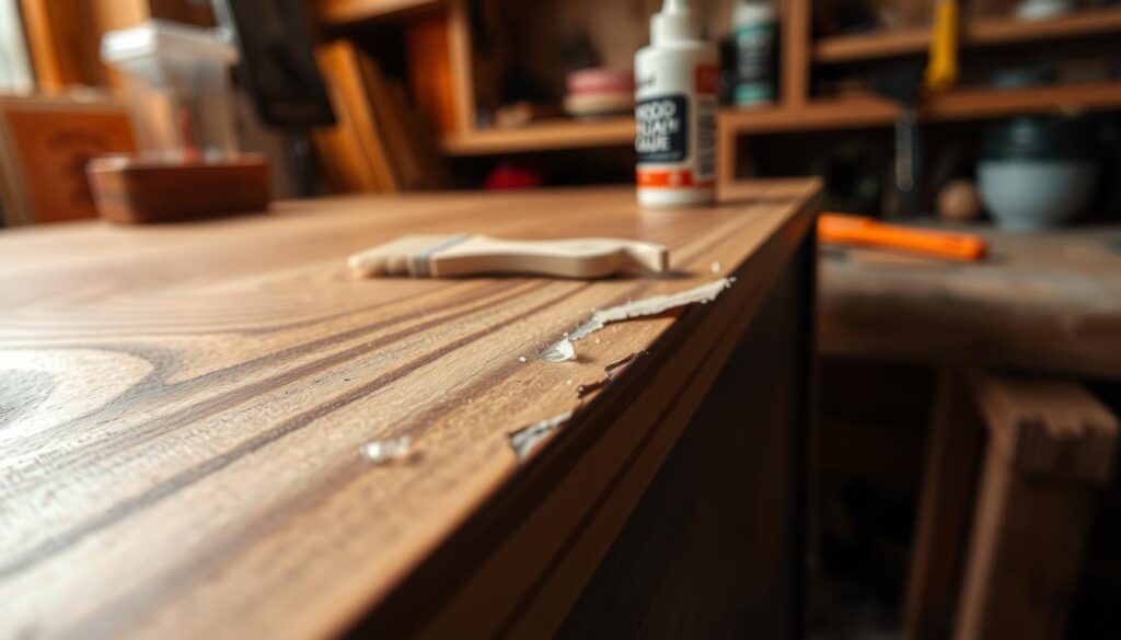 A close-up view of a wood veneer edge showing both pristine and peeling sections, illustrating the contrast clearly. In the foreground, the focus is on the edge with fine grain details and varying shades of wood finish. Tiny air bubbles and a slightly lifted section hint at the need for reglueing, emphasizing the problem visually. The middle ground features tools like a small brush, wood glue tube, and a utility knife, arranged neatly to suggest an ongoing repair process. The background is softly blurred with a workshop ambiance, including low, warm lighting that creates a cozy atmosphere. The angle should be slightly above eye level, capturing the texture of the veneer and tools. The overall mood exudes practicality and craftsmanship, inviting readers to engage with the content presented.