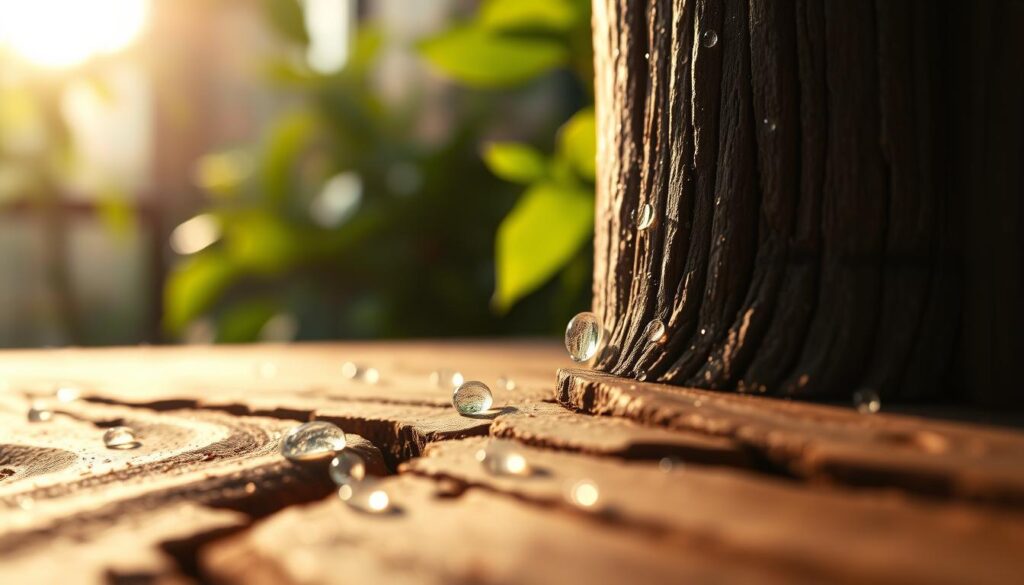 A close-up view of a wooden surface, showcasing the intricate textures and natural grain of the wood, subtly glistening with moisture. In the foreground, droplets of moisture cling to the surface, reflecting soft natural light, creating a serene atmosphere. The middle ground features faint shadows that bring depth to the wood grain while suggesting a slight humidity. In the background, there are blurred hints of leafy green plants, representing a humid environment that contrasts with dry air. The scene is illuminated by warm, diffused light, suggesting early morning or late afternoon, enhancing the feeling of freshness and vitality. The focus is on the beauty of the wood, emphasizing the importance of moisture in preventing damage. A close-up view of a wooden surface, showcasing the intricate textures and natural grain of the wood, subtly glistening with moisture. In the foreground, droplets of moisture cling to the surface, reflecting soft natural light, creating a serene atmosphere. The middle ground features faint shadows that bring depth to the wood grain while suggesting a slight humidity. In the background, there are blurred hints of leafy green plants, representing a humid environment that contrasts with dry air. The scene is illuminated by warm, diffused light, suggesting early morning or late afternoon, enhancing the feeling of freshness and vitality. The focus is on the beauty of the wood, emphasizing the importance of moisture in preventing damage.