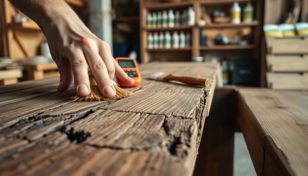 A close-up view of a wooden surface, showcasing various textures and details that highlight its dryness and brittleness. The foreground features a hand gently brushing over the wood, with visible cracks and faded color. In the middle ground, there are small tools like a moisture meter and a brush, representing the assessment process. The background should include a softly lit workshop environment with shelves of restoration products, conveying a sense of care and craftsmanship. The lighting is warm and natural, highlighting the rich grains of the wood while casting soft shadows. The overall mood is focused and professional, illustrating a meticulous approach to wood restoration. A close-up view of a wooden surface, showcasing various textures and details that highlight its dryness and brittleness. The foreground features a hand gently brushing over the wood, with visible cracks and faded color. In the middle ground, there are small tools like a moisture meter and a brush, representing the assessment process. The background should include a softly lit workshop environment with shelves of restoration products, conveying a sense of care and craftsmanship. The lighting is warm and natural, highlighting the rich grains of the wood while casting soft shadows. The overall mood is focused and professional, illustrating a meticulous approach to wood restoration.