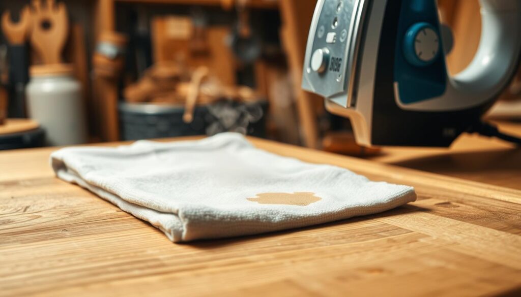A close-up view of a wooden surface showing a dent being treated with the Iron and Towel Steam Method. In the foreground, a steam iron is resting on a folded, damp towel positioned over the dent, releasing visible steam. The middle section features the wood grain of the solid wood surface, with the dent slightly elevated due to the steam's effect, showcasing the repair process. In the background, a softly lit workshop atmosphere with tools and wooden materials subtly blurred to create depth. Warm lighting enhances the inviting ambiance, evoking a sense of craftsmanship and care. The angle captures the action, emphasizing the transformation of the wood in a professional and methodical manner.