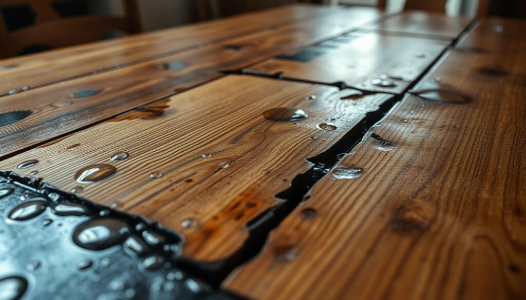 A close-up view of a wooden tabletop exhibiting significant water damage, prominently featuring warped, discolored sections and dark stains that illustrate the effects of prolonged exposure to moisture. In the foreground, raindrops can be seen pooling on the surface, reflecting soft, diffused light to emphasize the texture of the wood. The middle ground includes planks of wood with raised grain and visible cracks, hinting at the structural deterioration. The background is slightly blurred, suggesting a cozy indoor environment, with soft lighting casting gentle shadows. The atmosphere conveys a somber yet informative tone, inviting viewers to consider the importance of waterproofing and heat protection for wood furniture.