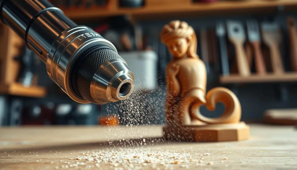 A close-up view of an air compressor nozzle designed for dusting intricate wood carvings, showcasing its sleek metallic finish and detailed engineering. The nozzle is angled to the left, highlighting the precision machined tip and the air filter at its base. In the foreground, a scattered array of fine dust particles illuminates in soft natural light, creating a sense of depth and focus on the nozzle's purpose. The middle ground features a beautifully carved wooden sculpture partially in focus, emphasizing the tool's application. The background is a blurred workshop scene with tools neatly organized on a shelf, conveying a professional atmosphere. The overall mood is clean, efficient, and artisanal, with warm lighting enhancing the metallic and wooden textures.