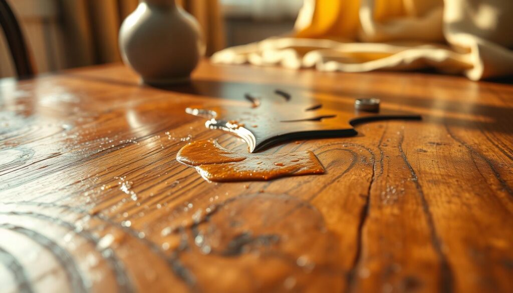 A close-up view of an antique wooden table surface, showing sticky residue and grease in varying shades of brown and yellow. The foreground features detailed textures of the wood grain, with reflections of light giving the sticky areas a glossy sheen. In the middle area, the residue appears accumulated around the edges of a decorative inlay, highlighting the contrasts of clean versus grimy wood. In the background, softly blurred elements like a vintage vase and soft fabric create a warm atmosphere, enhancing the focus on the table itself. The lighting is warm and inviting, mimicking natural sunlight filtering through a nearby window, casting gentle shadows and creating a cozy, lived-in feel.