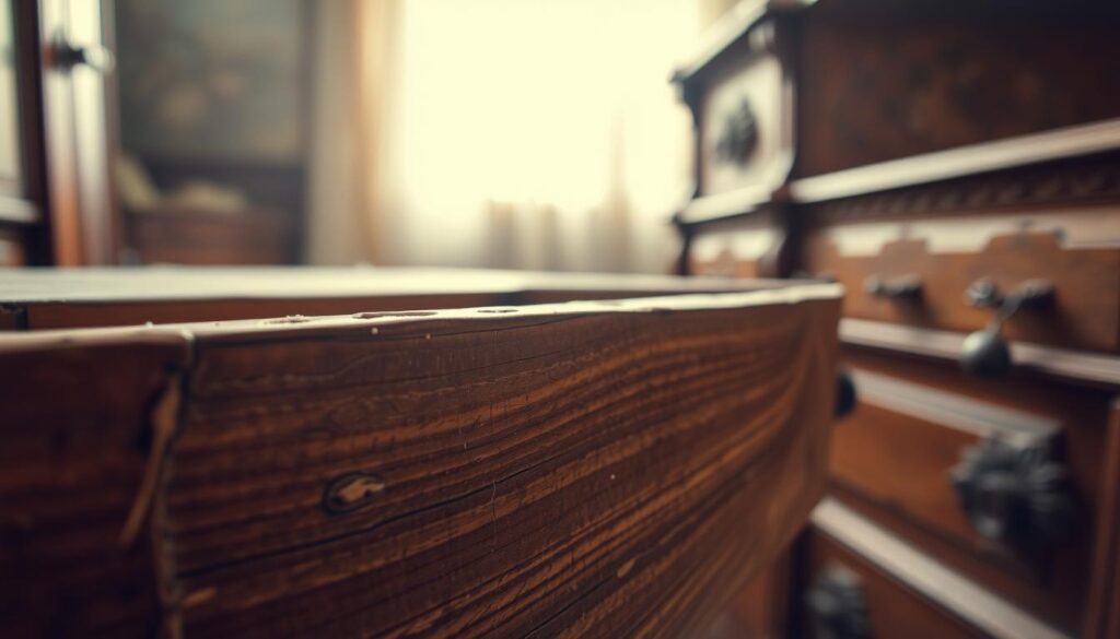 A close-up view of an old wooden drawer half-open and stuck within an antique dresser. The foreground features the worn, textured surface of the drawer, highlighting splintered wood and faded paint, suggesting age and neglect. In the middle, the dresser case looms gently, showcasing intricate carvings, while a soft, warm light bathes the scene, creating a nostalgic atmosphere. The background softly fades into a blurred, vintage room setting, hinting at light spilling through a window, accentuating the dust motes in the air. The overall mood is one of serenity mixed with a touch of frustration, as the viewer can sense the drawer's reluctance to slide freely. The shot is captured from a slightly tilted angle, emphasizing the action of opening the drawer.