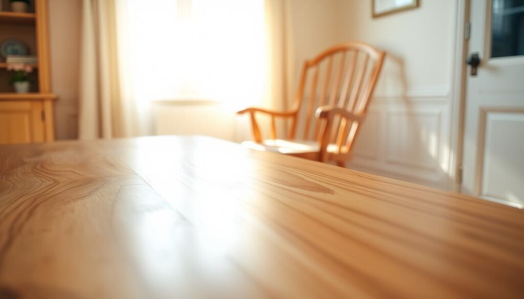 A close-up view of beautifully maintained maple and pine furniture in a sunlit room, showcasing the rich, natural grain textures and a glossy finish that emphasizes their clarity and luster. In the foreground, a polished maple table reflects warm light, hinting at its vibrant color without any yellowing. The middle ground features an elegant pine chair beside a softly glowing window, filtered sunlight creating a warm, inviting atmosphere. In the background, light cream-colored walls complement the furniture, enhancing the overall brightness of the scene. The image should evoke a sense of tranquility and care in home maintenance, captured with soft focus and an inviting color palette. No people are present in this serene setting.