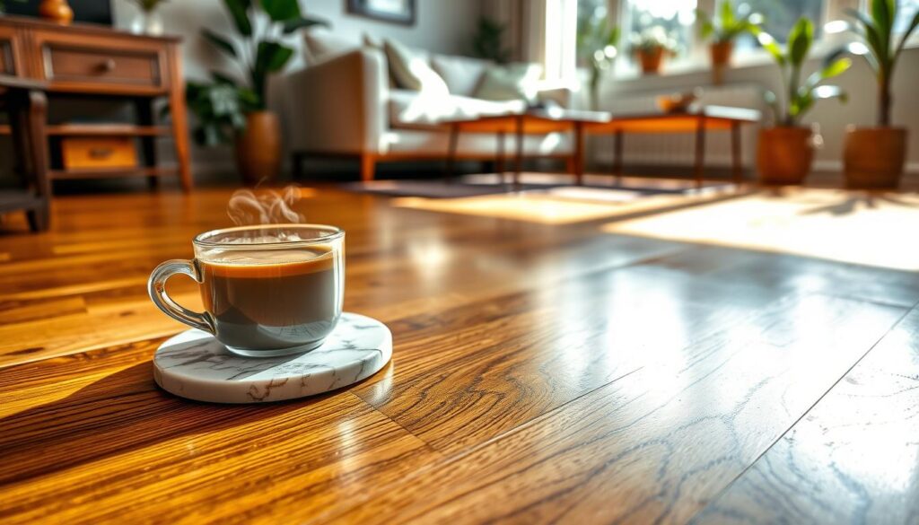 A close-up view of beautifully polished hardwood floors with rich, warm tones and grain patterns that highlight the natural beauty of wood. In the foreground, a decorative coaster made of high-quality marble sits beside a steaming cup of coffee, showcasing its importance for protecting the wood. In the mid-ground, sunlight streams through a nearby window, casting soft rays that create gentle reflections on the floor's surface. The background features a cozy living room setting with a stylish sofa and plants, enhancing the inviting atmosphere of the space. The overall mood is warm and homely, emphasizing the significance of care and protection for hardwood surfaces in a stylish and functional home environment.