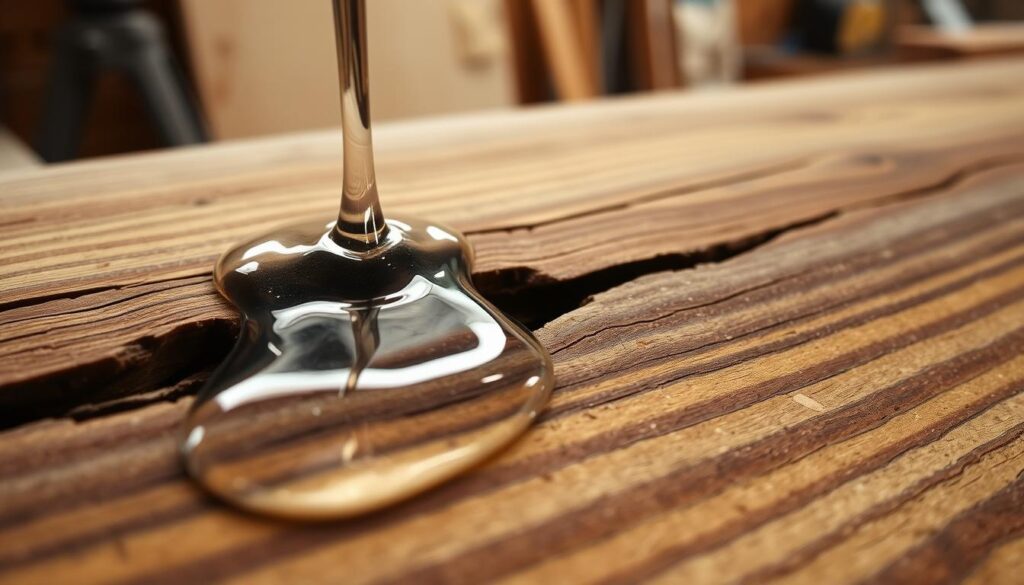 A close-up view of clear epoxy resin filling natural wood voids, showcasing the smooth, glossy surface of the epoxy contrasting with the rich textures of the wood. In the foreground, the epoxy smoothly pours into a jagged crack of the wood, reflecting light to create a shimmering effect. The middle layer includes the edges of the wood, displaying grains and knots that highlight the beauty of the natural material. The background features a softly blurred woodworking workspace, with subtle hints of tools and sawdust, creating a warm and inviting atmosphere. The lighting is soft and natural, emphasizing the clarity and depth of the epoxy resin. The image captures the essence of craftsmanship and the transformative power of epoxy resin on wood.