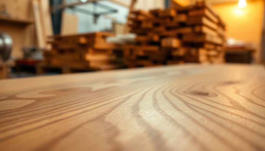 A close-up view of clear wood grain illustrating the fine texture and intricate patterns of natural wood. The foreground highlights the smooth, polished surface with varying shades of brown and subtle amber highlights, emphasizing the beauty of the wood's grain. The middle ground captures wooden planks stacked neatly, showcasing their organic patterns and unique knots. The background features a softly blurred workshop setting with warm, ambient lighting that evokes a cozy, inviting atmosphere. The scene is captured with a shallow depth of field, focusing intently on the wood grain while softly blurring the background for a professional and refined look. The overall mood is calm and elegant, reflecting the quality and sophistication of modern wood finishes and grain sealers.