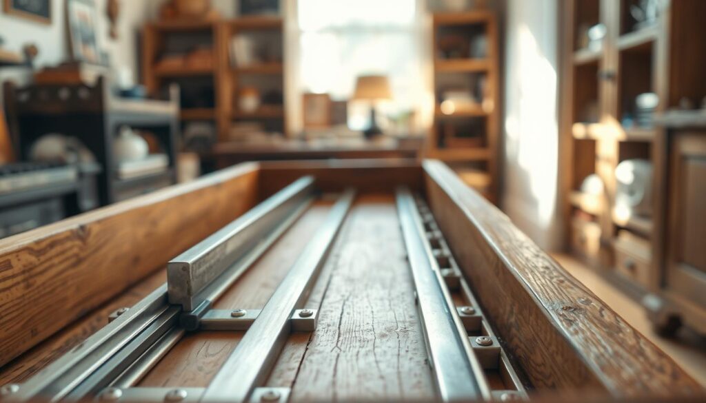 A close-up view of drawer runners installed in an old wooden drawer, highlighting their function. The foreground features polished metal tracks gleaming under soft, diffused lighting, showcasing worn yet functional mechanisms. In the middle, an aged wood drawer partly pulled out reveals the detailed texture of the wood grain and the subtle imperfections of age, emphasizing the need for maintenance. The background softly blurs into a warm, inviting interior space, with shelves filled with vintage items to convey a sense of nostalgia. The atmosphere is calm and homey, reflecting the theme of simple repair and restoration, with natural light streaming in, creating gentle shadows and highlighting the craftsmanship of the drawer runners.