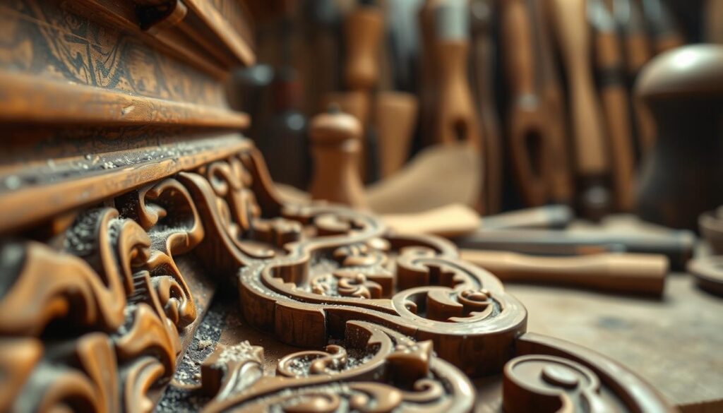 A close-up view of intricately carved wooden details with fine textures and patterns, revealing how dust accumulates in the crevices of the carvings. The foreground should showcase the delicate woodwork, with minute particles of dust illuminated by soft, diffused natural light for a warm and inviting atmosphere. In the middle layer, the light subtly highlights the contrast between the polished wood and the dull, neglected dust. The background features a blurred array of woodworking tools, hinting at the craft involved, without drawing attention away from the primary subject. Capture this scene with a macro lens effect to emphasize the details, evoking a sense of appreciation for the craftsmanship and the need for care in maintenance.