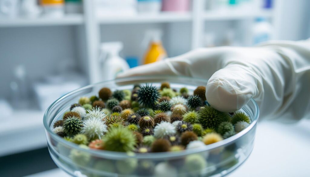 A close-up view of mold spores, showcasing their intricate, organic structures in a lab setting. In the foreground, a petri dish filled with various colorful mold spores, featuring shades of green, black, and white, glistening under focused light. The middle ground includes a hand wearing a protective glove, carefully handling the petri dish, emphasizing safety measures. The background is softly blurred, displaying shelves with laboratory equipment and cleaning supplies. The lighting is bright and clinical, highlighting the details of the spores while creating a sterile atmosphere. The overall mood conveys caution and the importance of protection when dealing with mold spores, suitable for an informative article section.