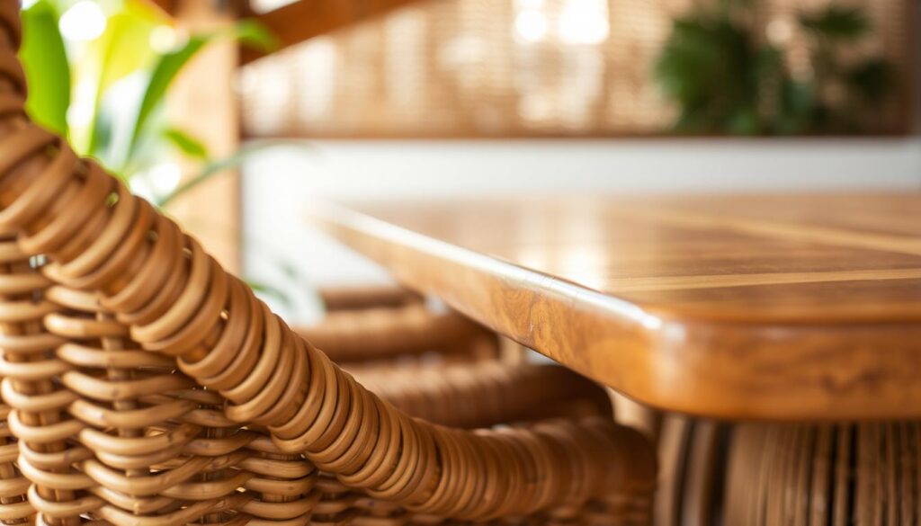 A close-up view of natural rattan furniture, showcasing the intricate weaving patterns and textures of the material. In the foreground, focus on a section of rattan, highlighting its organic fibers and natural tones of tan and brown, against a softly lit background. The middle ground should feature a wooden table partially visible, displaying a polished wood finish that complements the rattan elements. In the background, a softly blurred space with greenery and natural light streaming in creates a warm, inviting atmosphere. Utilize soft, diffused lighting to enhance the warmth of the scene, with a shallow depth of field to draw attention to the rattan's details. The overall mood should feel earthy and homey, portraying the beauty and uniqueness of natural materials.