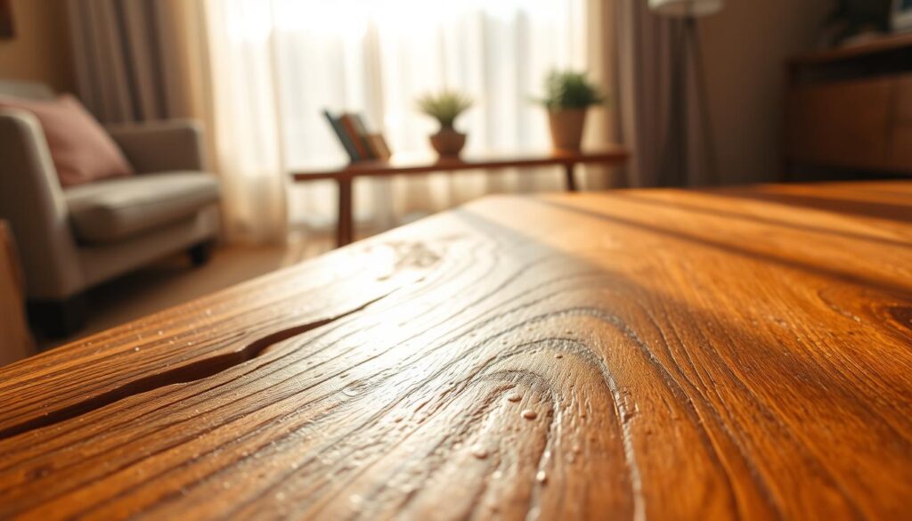 A close-up view of rich, textured wood grain displayed prominently in the foreground, highlighting the intricate details of oak or cherry wood. The surface should glisten softly under warm, filtered sunlight, emphasizing the natural luster while showcasing sections that have faded in direct exposure. In the middle ground, feature a stylish piece of wood furniture, perhaps a coffee table, partially in shadow to illustrate contrast between sunlit areas and areas less affected by light. In the background, a window with sheer curtains allows diffused sunlight to filter into the scene, creating a calm atmosphere. Warm tones should dominate the palette, conveying serenity and inviting viewers to appreciate the natural beauty and care required to preserve wood furniture from sun damage.