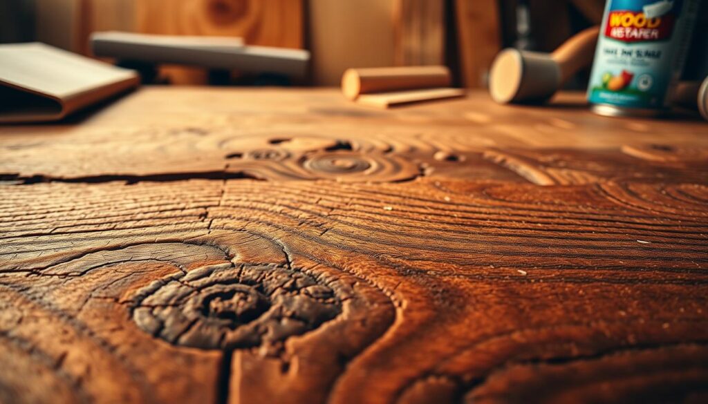 A close-up view of rich, textured wood grain showcasing the intricate patterns and natural hues found in various types of timber. The foreground should highlight the detailed lines, swirls, and knots that define the wood's character, while the middle ground features subtle variations in color, from warm browns to deep, rich ambers. In the background, a softly blurred image of wood restoration tools, like sandpaper and a grain sealer can, create a sense of context without distracting from the main subject. The lighting should be warm and inviting, mimicking natural sunlight to enhance the wood’s finish. Capture the cozy, artisanal atmosphere typical in woodworking and restoration workshops, emphasizing craftsmanship and the beauty of natural materials.