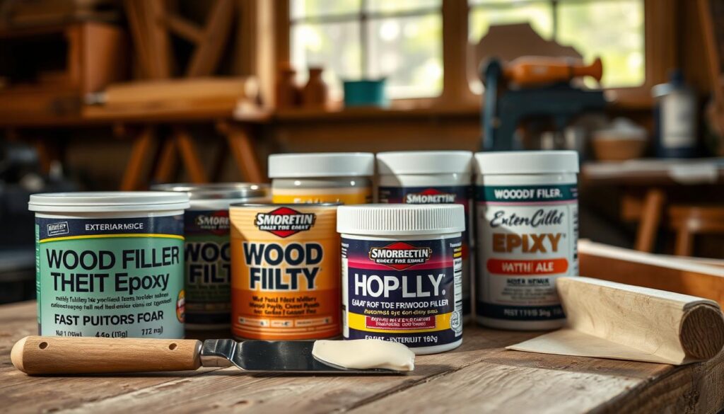 A close-up view of several containers of wood filler, wood putty, and epoxy products arranged on a wooden workbench. The containers are vividly labeled with different colors and textures to highlight their unique characteristics. In the foreground, a putty knife is poised next to a half-open can, revealing the creamy, smooth consistency of wood filler. In the middle ground, various labels provide visual interest, showcasing terms like "fast-drying," "flexible," and "exterior use." The background features soft, warm lighting filtering through a workshop window, casting gentle shadows that emphasize the tools and materials. The atmosphere conveys a sense of craftsmanship and care for home repair projects, inviting readers to explore the right choice for their wood repair needs.