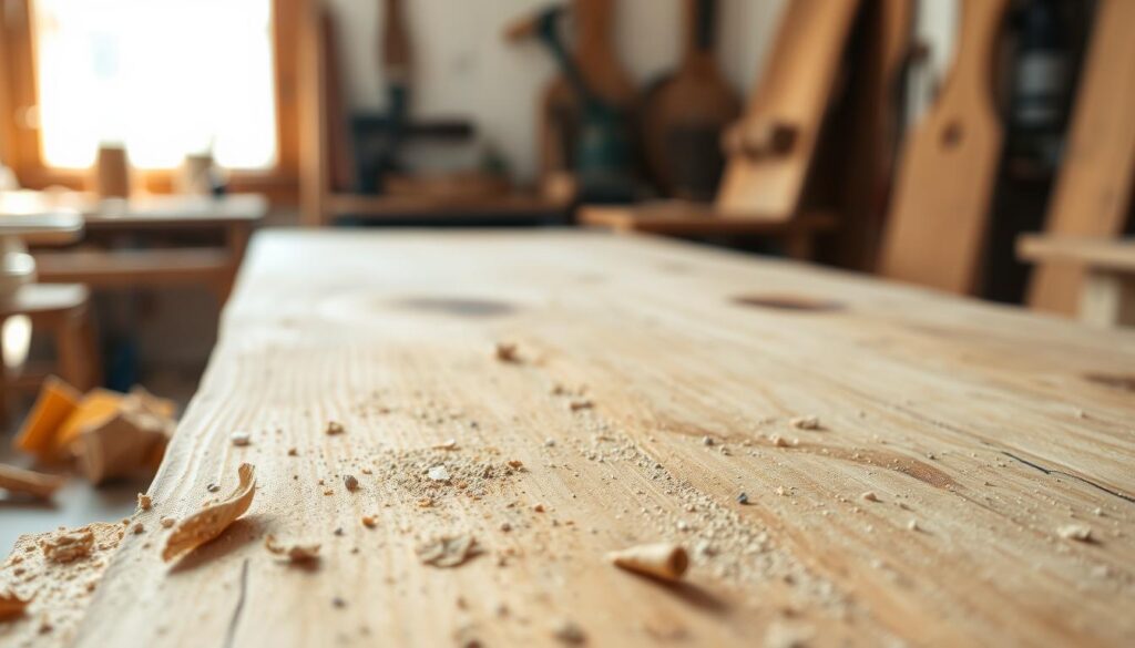 A close-up view of unfinished raw wood, showcasing its natural texture and grain patterns. The foreground features various wood shavings and dust particles, hinting at recent sanding or cutting, illustrating how easily dust accumulates on unfinished surfaces. In the middle ground, a well-worn wood table displays signs of wear and potential stains, highlighting the porous nature of the wood. The background is softly blurred, evoking a workshop environment with rustic tools subtly visible. Bright, diffused natural light streams in from a nearby window, casting gentle shadows that emphasize the wood’s imperfections. The overall mood is one of authenticity, inviting readers to understand the challenges of maintaining unfinished wood surfaces.