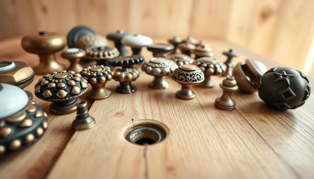 A close-up view of various cabinet knobs and pulls arranged aesthetically on a wooden surface. The foreground displays a collection of vintage and modern hardware designs, showcasing different materials like brass, ceramic, and stainless steel, with intricate patterns and finishes. In the middle ground, there are partially filled old screw holes in a lightly worn cabinet door, hinting at the process of preparing for new hardware installation. The background consists of soft, blurred textures of wood with a warm, inviting light filtering through, creating a calm and focused atmosphere. The angle emphasizes details of the hardware, capturing reflective surfaces and shadows for depth, perfect for conveying a sense of craftsmanship and home improvement.