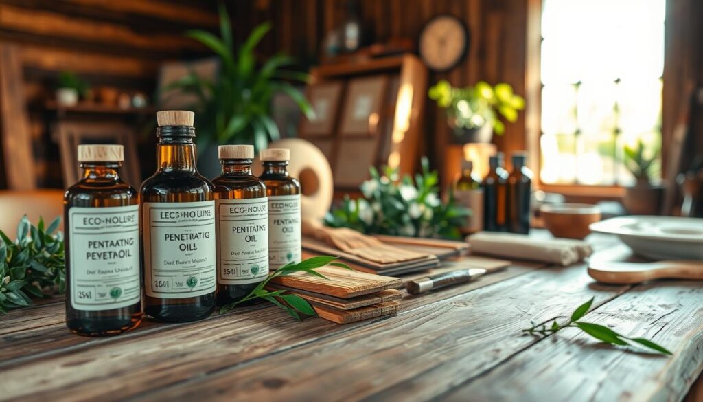 A close-up view of various eco-friendly penetrating oils displayed on a rustic wooden table. In the foreground, several bottles of different oils with wooden caps, showcasing subtle labels and textures, are arranged artistically. The middle ground features swatches of wood treated with the oils, glistening under soft, warm lighting that highlights their rich colors and grain patterns. Surrounding elements include soft green plants and tools like brushes and cloths, reflecting an environmentally conscious setting. In the background, blurred out, a bright window casts natural light, enhancing the inviting atmosphere. The mood is warm and organic, emphasizing the beauty and versatility of penetrating oils in wood finishing.