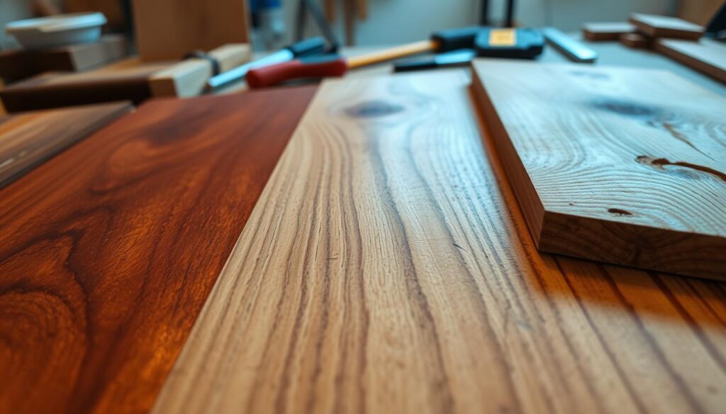 A close-up view of various wood surfaces showcasing natural textures and grains. The foreground features a polished mahogany veneer with subtle variations in color, reflecting soft light that enhances its rich luster. In the middle ground, a quarter-sawn oak surface displays intricate ray flecks, while a worn pine board exhibits knots and rustic charm, allowing a comparison of different wood types. The background includes a blurred workshop setting with tools scattered, hinting at craftsmanship and repair. Soft, diffused lighting creates a warm atmosphere, emphasizing the beauty and delicacy of wood. The overall composition conveys an educational yet inviting mood, perfect for illustrating the nuances of wood veneer care.