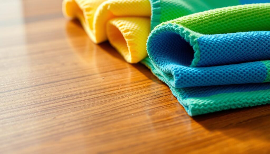 A close-up view of vibrant microfiber cloths arranged neatly in various colors—deep blue, bright green, soft yellow—highlighting their texture and weave. The cloths should be placed on a smooth wooden surface, polished to a glossy sheen, showcasing the contrast between the fabric and the wood. Soft, diffused natural light filters in from the side, creating gentle shadows that enhance the depth and texture of the microfiber. The focus is sharp on the cloths, with a shallow depth of field blurring the background slightly for emphasis. The overall mood is clean and inviting, capturing the essence of high-quality cleaning and polishing materials ideal for wood care.