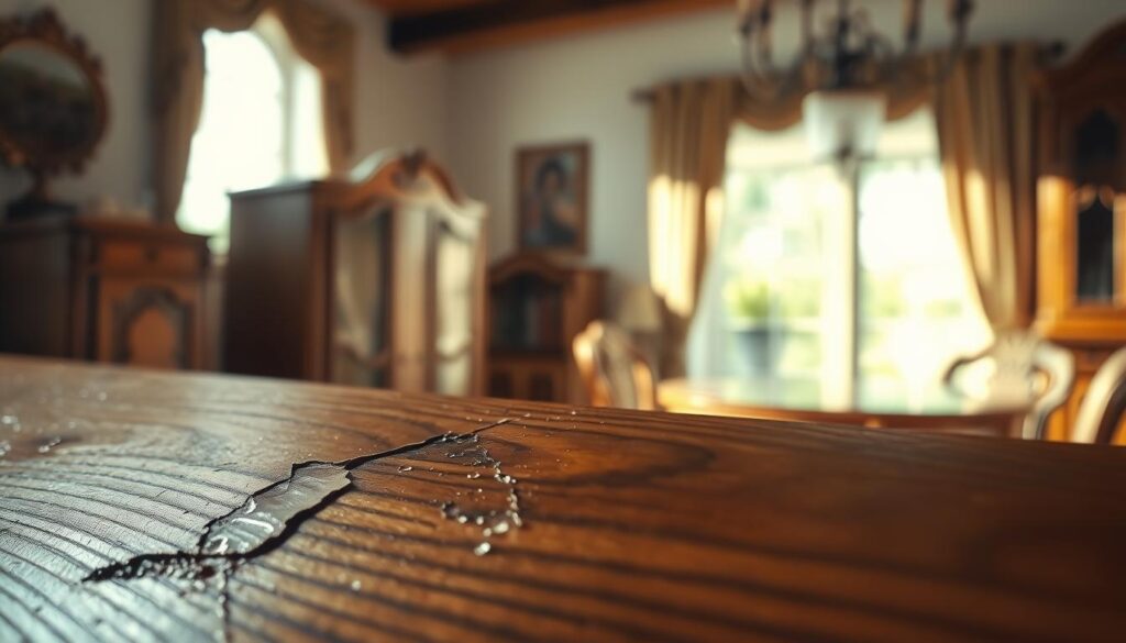 A close-up view of water damage on an antique wood veneer surface, showcasing peeling and bubbling where moisture has seeped beneath the finish. In the foreground, detail the intricate grain patterns of the veneer with subtle reflections of light highlighting the damage. The middle ground features a soft-focus background of a well-lit, cozy room with elegant wood furniture, implying a careful home environment. Natural sunlight streams through a nearby window, casting gentle shadows and enhancing the texture of the damaged veneer. The mood is somber yet informative, emphasizing the importance of preventive care for delicate surfaces.