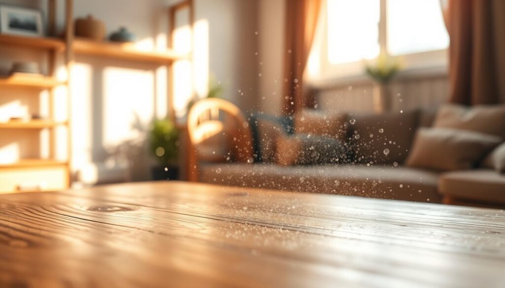 A close-up view of wood furniture dust particles suspended in the air, capturing the intricacies of the fine particles glinting in soft, warm light. In the foreground, a polished wooden table surface shows minimal dust, while delicate motes shimmer in sunlight streaming through a nearby window, creating an inviting atmosphere. The middle layer features a blurred background with shelves and decorative items subtly hinting at the living space, enhancing the focus on the airborne particles. Soft lens flares and a shallow depth of field add a dreamlike quality, evoking a sense of tranquility, while a gentle light casting shadows hints at cleanliness and the need to maintain the furniture. Overall, the image should feel harmonious and engaging, supporting the theme of dust accumulation on wooden surfaces. A close-up view of wood furniture dust particles suspended in the air, capturing the intricacies of the fine particles glinting in soft, warm light. In the foreground, a polished wooden table surface shows minimal dust, while delicate motes shimmer in sunlight streaming through a nearby window, creating an inviting atmosphere. The middle layer features a blurred background with shelves and decorative items subtly hinting at the living space, enhancing the focus on the airborne particles. Soft lens flares and a shallow depth of field add a dreamlike quality, evoking a sense of tranquility, while a gentle light casting shadows hints at cleanliness and the need to maintain the furniture. Overall, the image should feel harmonious and engaging, supporting the theme of dust accumulation on wooden surfaces.
